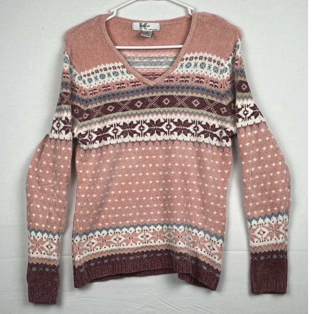 Kikit Fair Isle V-Neck Sweater Womens Medium Pink Purple Long Sleeve Knit Top